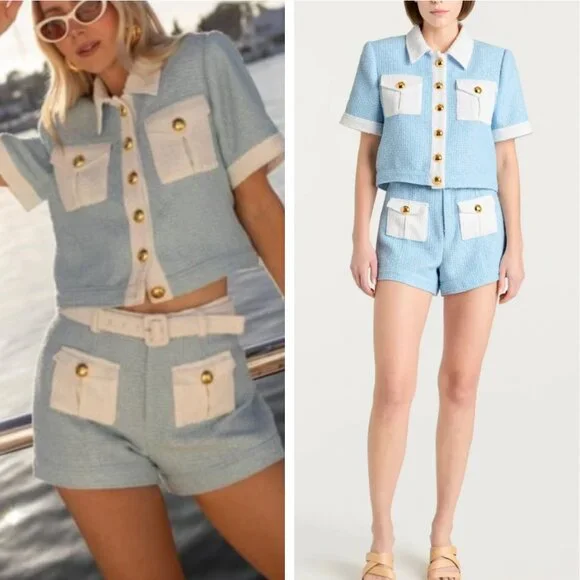 NWT Cinq a Sept 5a7 Nissy Jacket & Short Set of 2 Sky Blue/White Cocktail Party - Picture 1 of 10